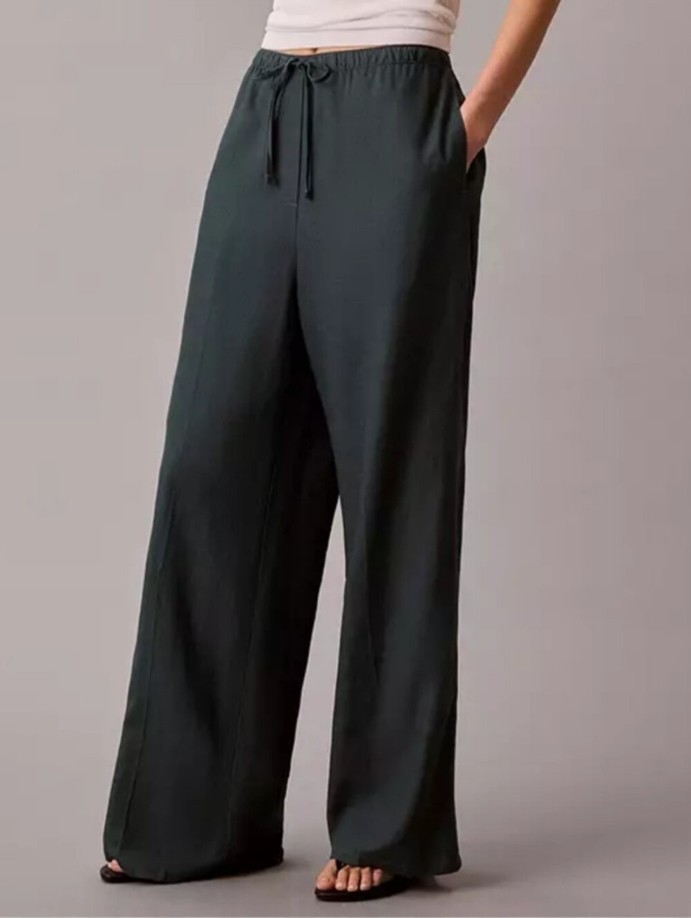 Calvin Klein Linen Blend Drawstring Wide Leg Pants Size 4 Loose Fit